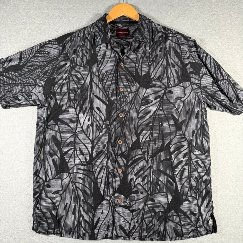 Tommy Bahama Mens Large 100% Silk Black Grey‎ Monstera Leaf Tropical Camp Shirt